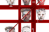 A tic-tac-toe board with human faces as digital blocks, symbolizing how AI works on pre-existing, biased online data for information processing and decision-making