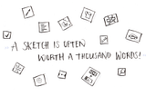 Quote: “A sketch is often worth a thousand words.” Surrounded by sketched post-its.