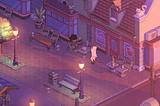 An isometric view of the two players in the village, sunset is just setting in and the street lights are starting to glow.