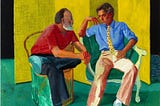A painting of two men sitting on chairs in front of a yellow background. The other man is leaning forward and looking engaged, while the other is looking bored.