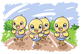 Cute illustration of 4 baby chicks racing on a running track