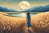 Image by the Author. Made in NightCafe Studio. Picture is of a young woman walking through a field of grain toward a lake with a moon rising behind it.