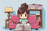 Cartoon of a woman sitting in a blue living room on a pink couch, surrounded by stacks of papers with a blank expression on her face.