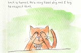 The orange cat sits with his paws covering his eyes with his food dish in front of him. Text reads: 3. It’s also really important you don’t look at him while he eats. At all, even if you think his back is turned. He’s very food shy and I try to respect that.