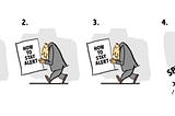 Four panel cartoon. In the first three panels, a goofy-looking guy is walking along reading a book called “How To Stay Alert.” In the last panel he’s gone, having fallen off a cliff.