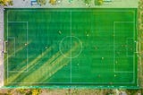 Overhead view of a soccer field with players.