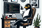 Penguin sitting on a chair staring at iMac and debugging Swift compiler under Linux with SJ portrait behind on a wall