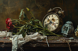 A broken clock, wilted flowers, and a bedside table symbolize the passage of life.