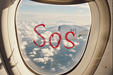 Looking out through the airplane window upon which the letters S O S has been written with lipstick.