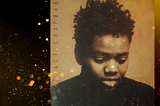 Image of Tracy Chapman on her 1988 cover album, black female with short hair and black shirt, looking down with text of Tracy Chapman on the side bar with gold dust and dots scattered accross the image.