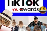 Two kids sitting on a couch watching videos. A man riding a strange horse, and a cat wearing a hat holding an award. A sign reads “TikTok rewards”