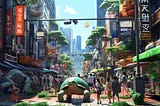 An illustration of Japanese street with a big turtle in the center