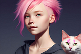 Pink-haired, blue-eyed non-binary child, with pink and white cat. AI image.