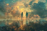 Silhouettes of a feminine figure standing next to a masculine figure with a cloud-filled dreamscape as a backdrop