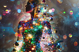 A woman inside her Merkabah tree of Light decorated with many colored ornaments that reflect all her emotions. Higher emotion ornaments are placed at the top of her tree and lower emotion ornaments are placed at the bottom of her tree of Light.