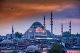 The Blue mosque in Istanbul under a fiery sunset sky