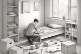 A greyscale drawing of a man crouching over a bed reading instructions while assembling furniture
