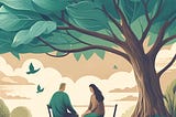 The illustration captures a serene and calming moment, ideal for the theme of recovery and rebuilding connections.