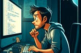 A cartoon image of a programmer typing code on his computer with a worried face. Something or someone is not quite visible in a dark corner.