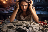 A young woman looking frustrated as she sits in front of a complicated and half-finished lego set.