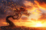 The figure of an ancient bent tree losing its leaves in the wind as the sun sets. Image created with MidJourney.