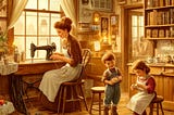 A nostalgic, warm-toned illustration of a cozy indoor family scene. A mother is seated at a sewing machine, teaching her child to sew. Another young child stands nearby, holding a baking tray. The room is filled with sentimental elements like bookshelves with books and magazines, a recipe box, and a washing machine. The overall atmosphere exudes love, learning, and family togetherness.
