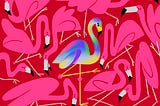 An illustration of pink flamingos in various positions surrounding a rainbow-colored flamingo with heart-shaped joints, standing in the middle behind a red background.