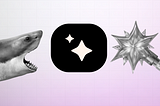 An AI icon surrounded by a shark on one side and a fairy wand on the other