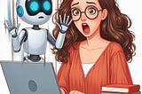 A cartoon of a woman startling as AI takes over her laptop.