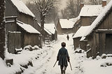 A boy walking through the snow in an old village in the 1800's