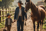 A photo of a Chinese farmer, his son, and their horse walking together.