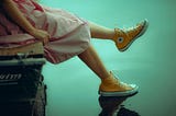 Woman wearing a pink dress and yellow Converse All Star High Top Sneakers.