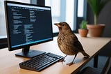 A small brown bird with weird AI-generated feet is standing in front of a computer screen as if it’s reading. But it’s not. It’s a bird.