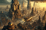Futuristic steampunk cityscape with hovercrafts in the year 2190.
