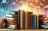 colorful graphic of books with a data science inspired background