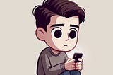 A dejected cartoon of a young man staring at his iPhone