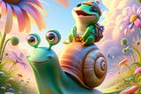 A whimsical, fantasy picture of a happy frog riding a snail.
