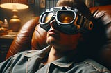 A photograph of a person sleeping in a chair, wearing a Vault-Tec style eye protection gadget, oversized tinted lenses, reinforced frame. The chair is a vintage recliner, set in a dimly lit room with retrofuturistic decor.