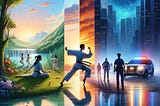An illustrative triptych of a personal journey. The first panel shows a person practicing karate in a garden, symbolizing growth. The second panel features a peaceful beach at sunrise, indicating recovery. The final panel depicts a chaotic urban scene with police lights, representing struggle and trauma. The colors transition from greens to pastels to blues, reflecting emotional evolution.