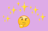 A thinking face emoji looks up at an array of sparkle emojis on a purple background.