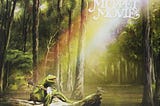 In jacket art for the LP version of the single “The Rainbow Connection” from The Muppet Movie, Kermit the Frog sits on a log in a swamp playing the banjo as a rainbow arcs over him.