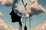 Melting clock with silhouettes of people and clouds.