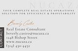 Beverly Castro from Nucaza business card for real estate services. With some writing on the grey card : your complete real estate operations solution for efficiency & profitability.