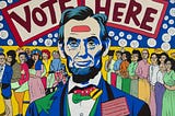 Punk style President Lincoln with voters lined behind him.