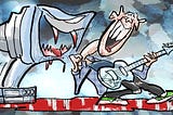 Cartoon illustration by illustrator Mark Armstrong. Grunge rocker with guitar dressed in torn jeans and a flannel shirt, standing in pool of blood. He’s standing next to a computer and pulling down his shirt collar, exposing his neck. Computer monitor has pair of fangs and is leaning forward to bite his neck.