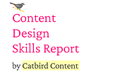 Title page of the personal Content Design Skills Report by Catbird Content features the catbird logo, pink title, and yellow-highlighted Catbird Content.