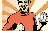 Drawing of a triumphant man with a kitchen timer in his hand, in the style of an ad from the 60s