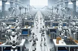 IMAGE: A hyper-realistic image showcasing numerous robots working efficiently in a modern factory setting, highlighting a positive and advanced vision of automation