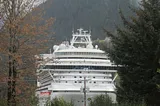 A modern cruise ship all in white and festooned with radar domes and antennas dominates the frame, bordered left and right by a fringe of cedar and Sitka spruce — looking for all the world like it has run aground (it hasn’t).