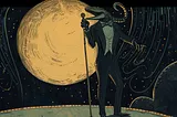Cartoon of a scorpion in a tuxedo standing at a microphone on a stage in the cosmos.